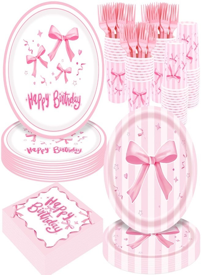 REDWORD Pink Bow Birthday Decorations, 120Pcs Bow Party Tableware Plates Napkins Cups for Pink Birthday Girls Bachelorette Party Decorations-Serves 24 - Image 1